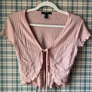 Pink Ribbed Tie-Front Crop Top